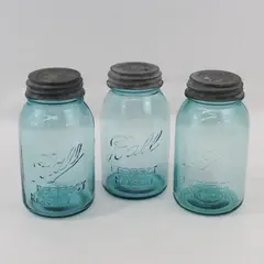 Lot of 3 Aqua Ball Perfect Mason Quart Jars With Zinc Screw On Lids