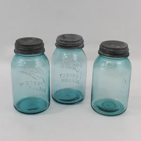 Lot of 3 Aqua Ball Perfect Mason Quart Jars With Zinc Screw On Lids