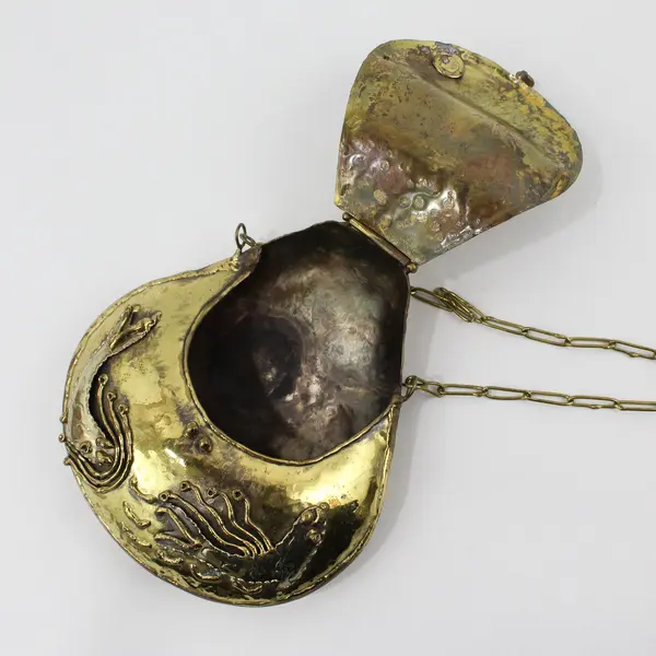 Vintage Small Handmade Brass Crossbody Purse Fish Designs 5.5"