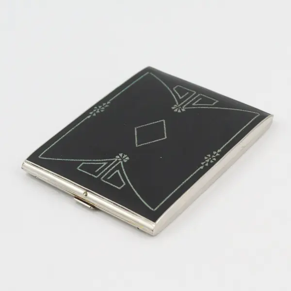Vintage Art Deco Etched Black Silver-Tone Cigarette Case FLAWED