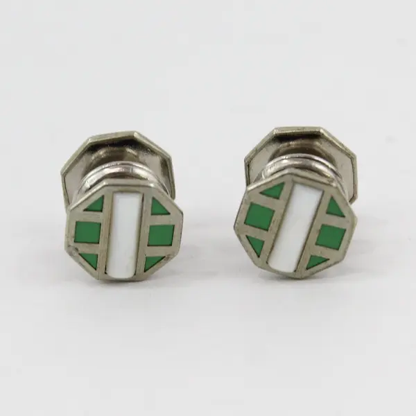 VTG Baer & Wilde Kum-A-Part Mother of Pearl Green Enamel Silver-Tone Cufflinks