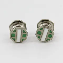 VTG Baer & Wilde Kum-A-Part Mother of Pearl Green Enamel Silver-Tone Cufflinks