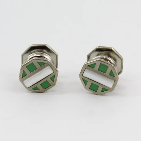 VTG Baer & Wilde Kum-A-Part Mother of Pearl Green Enamel Silver-Tone Cufflinks