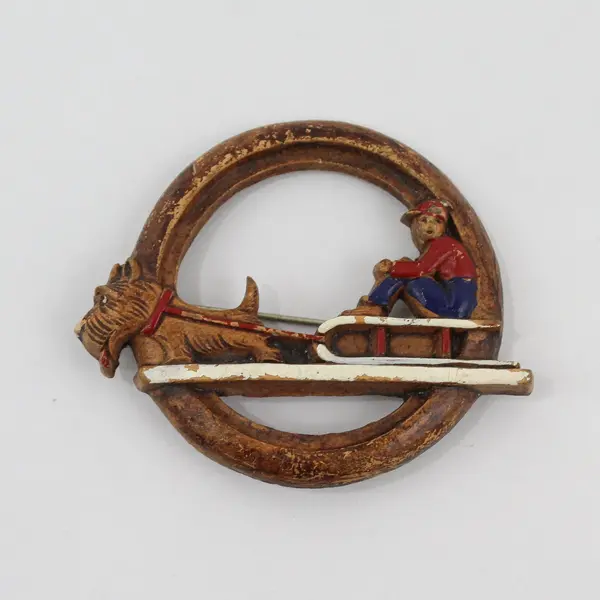 Vintage Whimsicle Costume Pin Scottie Dog pulling Boy on Sled 