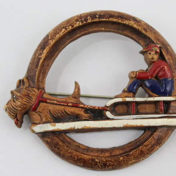 Vintage Whimsicle Costume Pin Scottie Dog pulling Boy on Sled 
