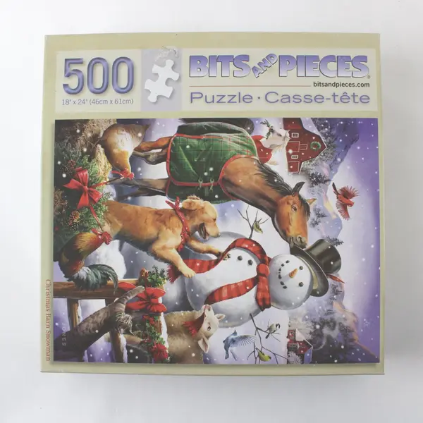 Bits And Pieces Christmas Barn Snowman 500-Pc. Jigsaw Puzzle, Complete