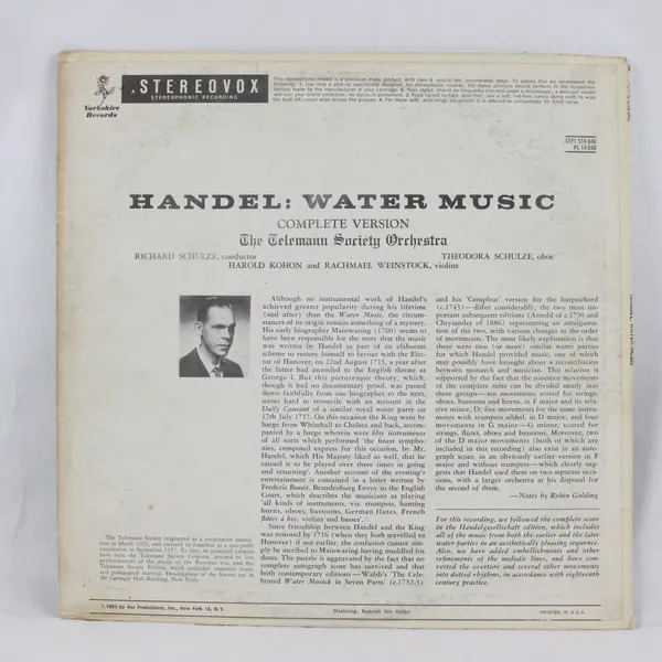 Handel Water Music 12" LP Vinyl Yorkshire Records Classical