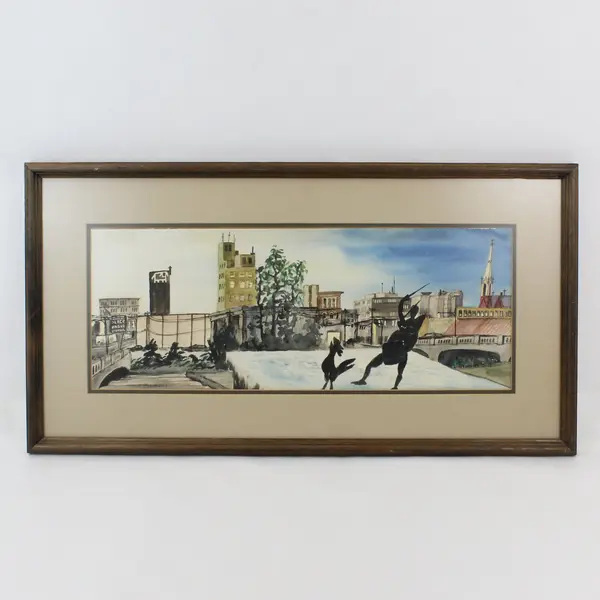 Framed Matted M Lindenmeyer City Scene Silhouette Watercolor Print