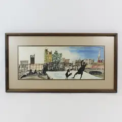 Framed Matted M Lindenmeyer City Scene Silhouette Watercolor Print