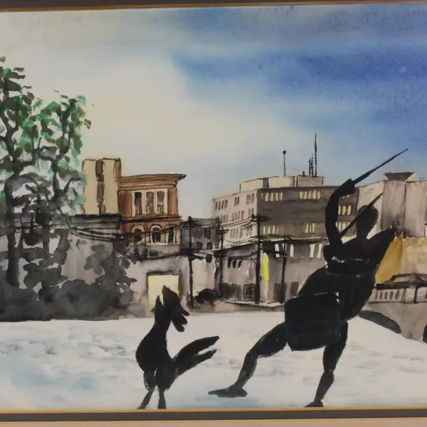 Framed Matted M Lindenmeyer City Scene Silhouette Watercolor Print