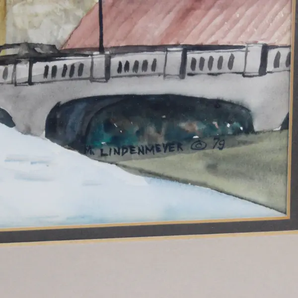 Framed Matted M Lindenmeyer City Scene Silhouette Watercolor Print
