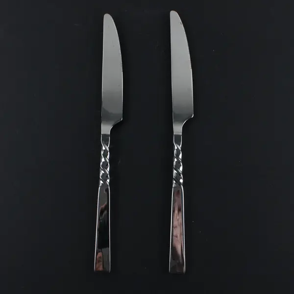 Lot of 2 Unknown Brand Stainless Dinner Knives Partial Twisted Handles 9.5"