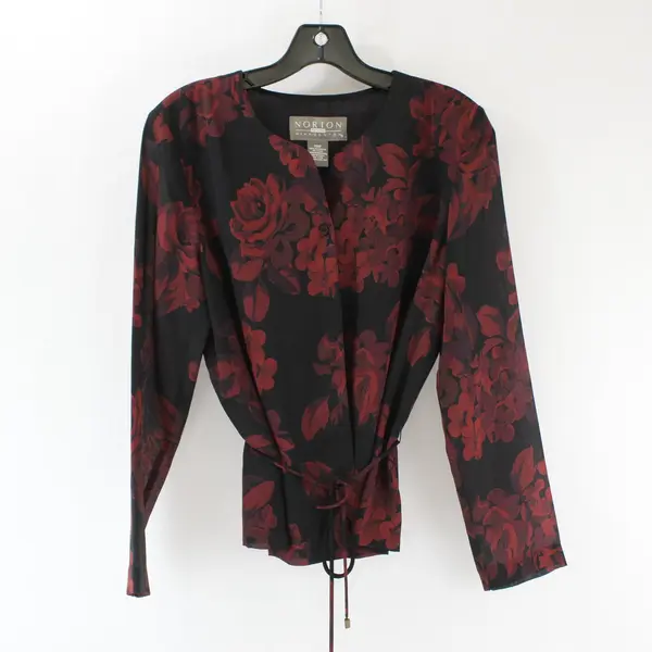 Norton McNaughton Womens Petite 10P Black Red Floral Long Sleeve Blouse