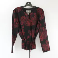 Norton McNaughton Womens Petite 10P Black Red Floral Long Sleeve Blouse