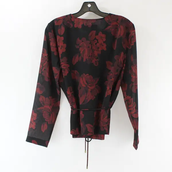 Norton McNaughton Womens Petite 10P Black Red Floral Long Sleeve Blouse