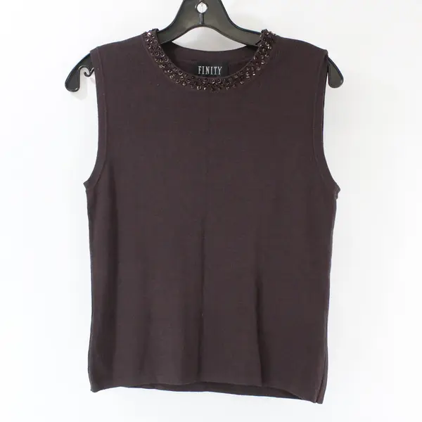 Finity Brown Sleeveless Sweater Vest Sequin Trim Crew Neck Size M