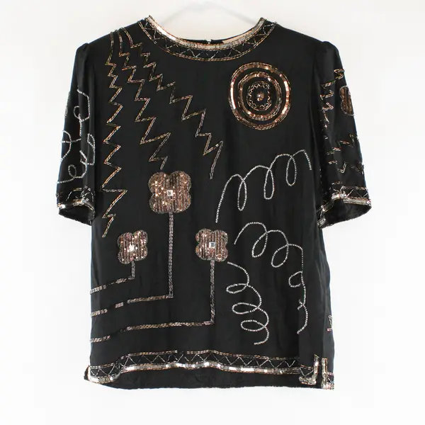 Vintage Argenti Notte Beaded Sequined Black Short-Sleeved Silk Top Women's Small