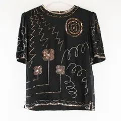 Vintage Argenti Notte Beaded Sequined Black Short-Sleeved Silk Top Women's Small