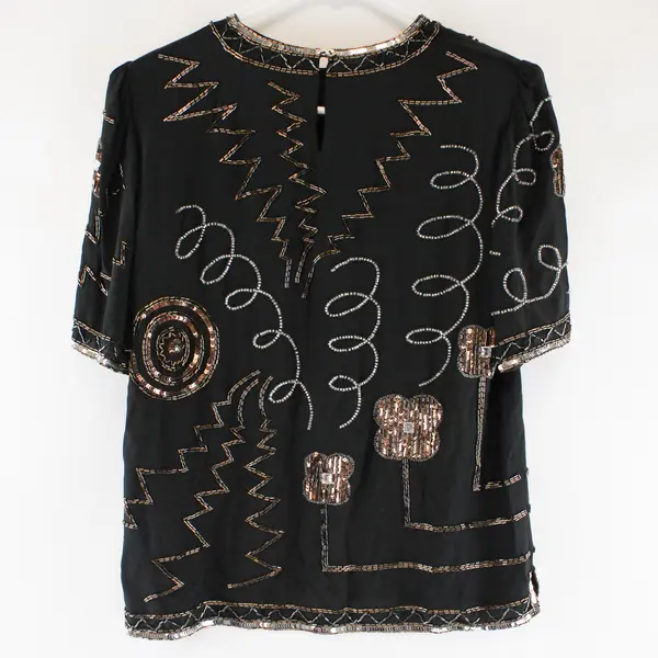 Vintage Argenti Notte Beaded Sequined Black Short-Sleeved Silk Top Women's Small