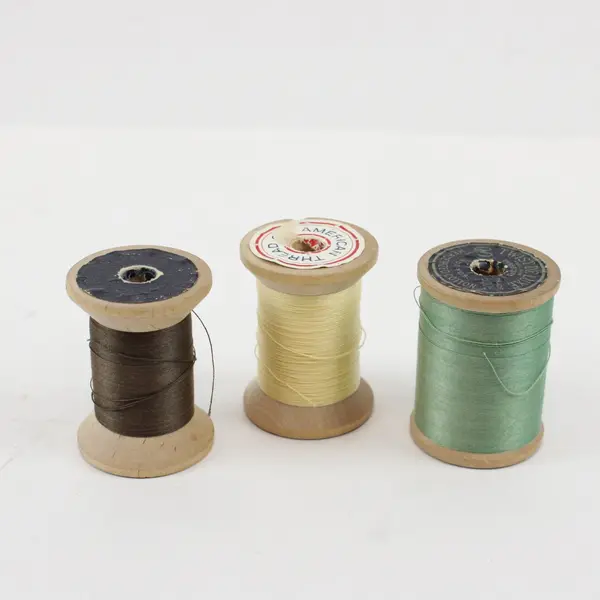 Lot of 3 Wooden Spools of Vintage American Thread Co. - Green, Yellow & Brown  