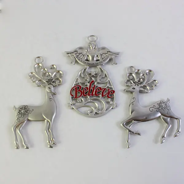 Vtg Silver Metal Christmas Ornament Set Lot 3 Reindeer Angel