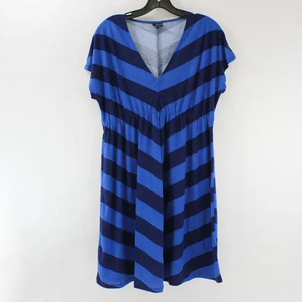 Faded Glory Two Tone Blue Striped V-Neck Short Sleeve Dress Size M