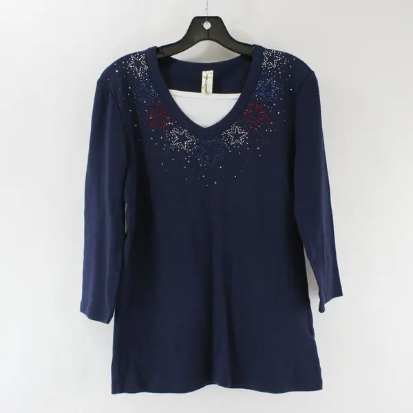 Decorated Originals Blue Long Sleeve Top Red White and Blue Rhinestones Womens S
