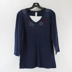 Decorated Originals Blue Long Sleeve Top Red White and Blue Rhinestones Womens S
