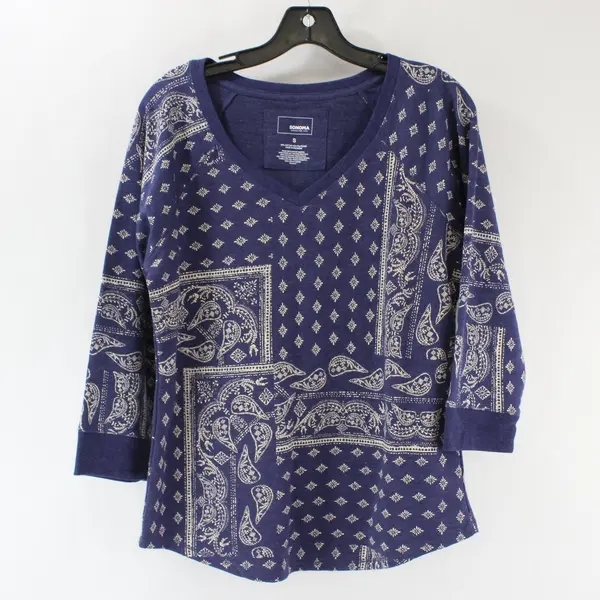 Sonoma Women's Long Sleeve V-Neck Paisley Top Shirt Size S Blue Cream