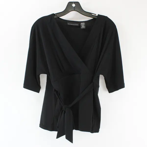 Attention Black Faux Wrap 3/4 Sleeve Stretch Front Waist Tie Top M