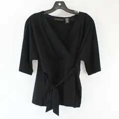 Attention Black Faux Wrap 3/4 Sleeve Stretch Front Waist Tie Top M