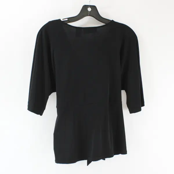 Attention Black Faux Wrap 3/4 Sleeve Stretch Front Waist Tie Top M
