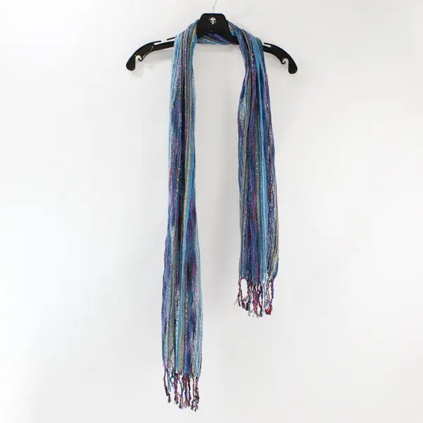 Multicolor Thread Striped Sheer Women's Wrap Neck Scarf with Tassels