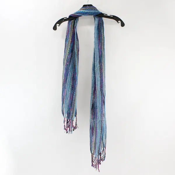 Multicolor Thread Striped Sheer Women's Wrap Neck Scarf with Tassels