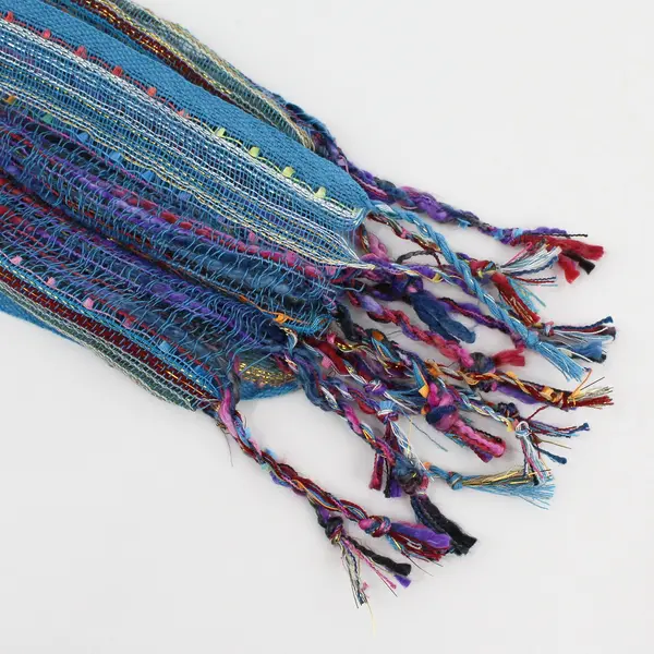 Multicolor Thread Striped Sheer Women's Wrap Neck Scarf with Tassels