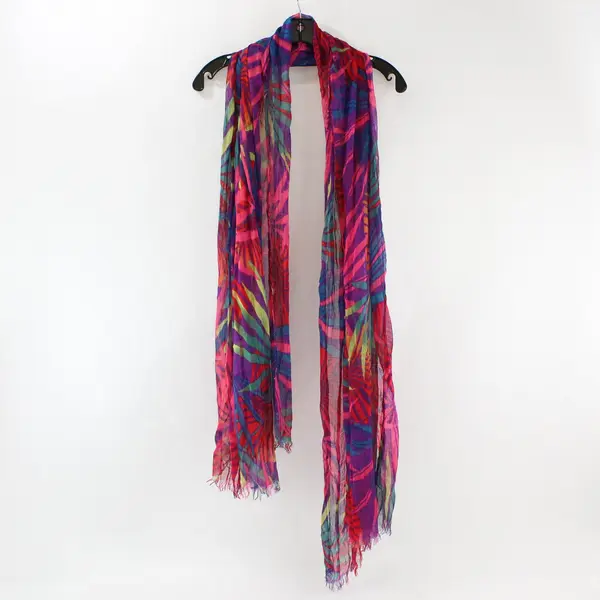 Multicolor Leaf Print Sheer Women's Wrap Neck Scarf with Distressed Ends