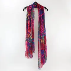 Multicolor Leaf Print Sheer Women's Wrap Neck Scarf with Distressed Ends