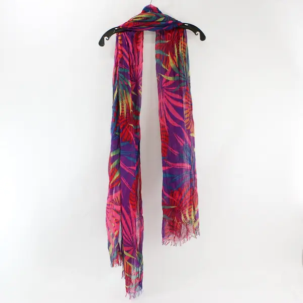 Multicolor Leaf Print Sheer Women's Wrap Neck Scarf with Distressed Ends