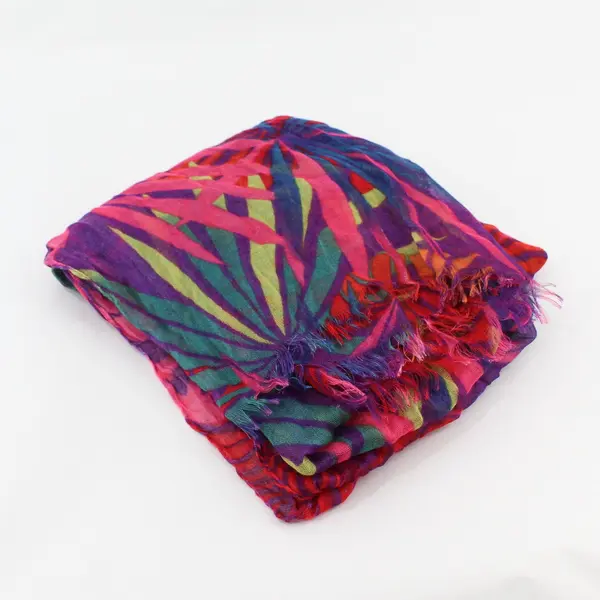 Multicolor Leaf Print Sheer Women's Wrap Neck Scarf with Distressed Ends