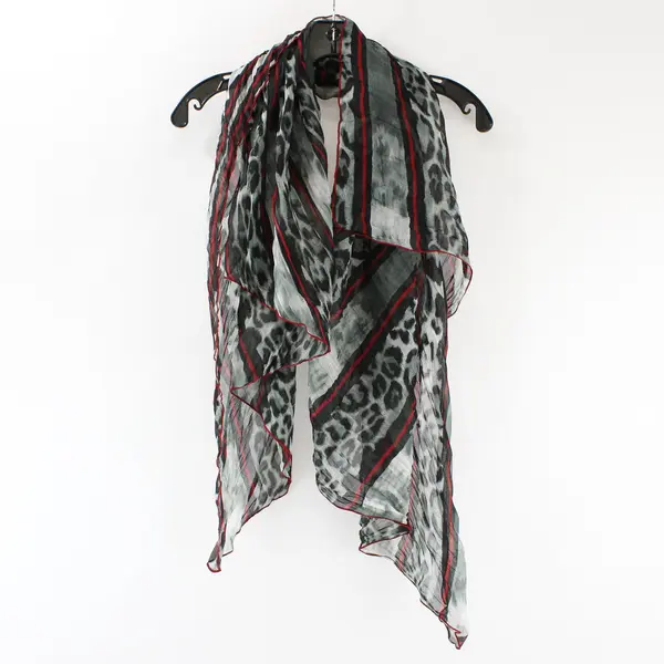 Nordstrom Gray Leopard Print and Red Striped Women's Sheer Wrap Neck Scarf