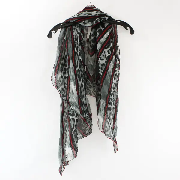 Nordstrom Gray Leopard Print and Red Striped Women's Sheer Wrap Neck Scarf