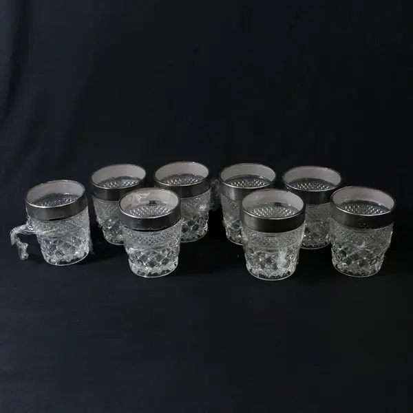 Vintage Set of 8 Kingsford Crystal Drinking Glass Tumblers w/ Silver Band 10 oz