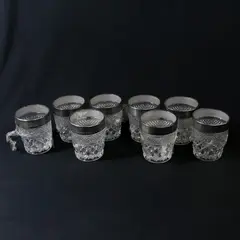 Vintage Set of 8 Kingsford Crystal Drinking Glass Tumblers w/ Silver Band 10 oz