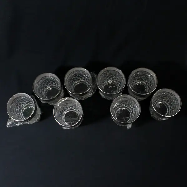 Vintage Set of 8 Kingsford Crystal Drinking Glass Tumblers w/ Silver Band 10 oz