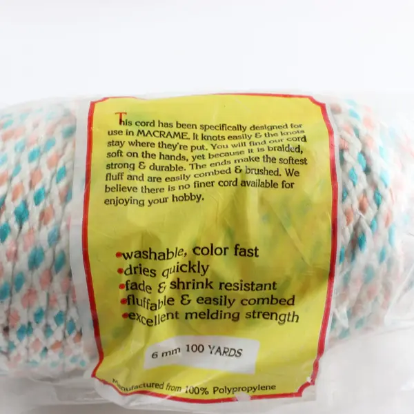Vintage BONNIE Macrame Braid 6MM - 100 Yards Teal, Peach, White Polypropylene 