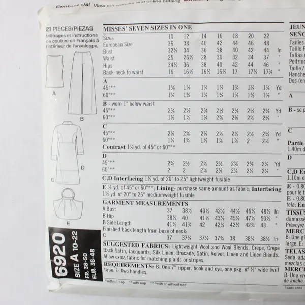 New Look Pattern 6920 Women's Outfit Set Size A 10-22 UNCUT