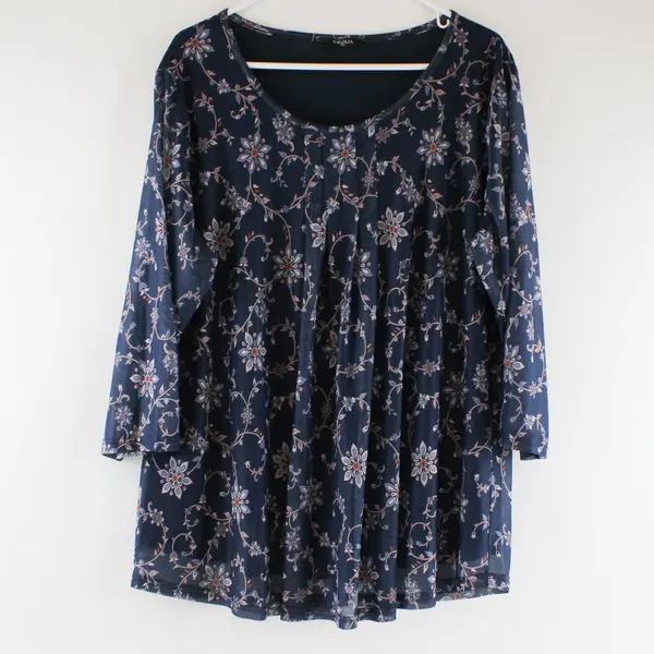 Valolia Chiffon Blouse With Navy and Purple Floral Pattern Womens Size XXL