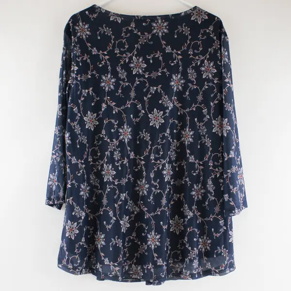 Valolia Chiffon Blouse With Navy and Purple Floral Pattern Womens Size XXL