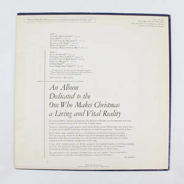 James Blackwood Blackwood Brothers  O Come All Ye Faithful 12" Vinyl Record