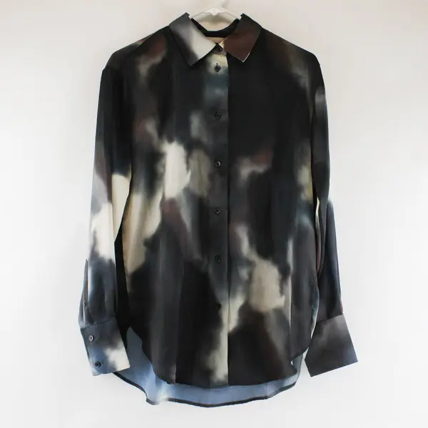 H&M Womens Long Sleeve Sz XS Loose Fit Button Front Silky Tunic Blouse Tie Dye